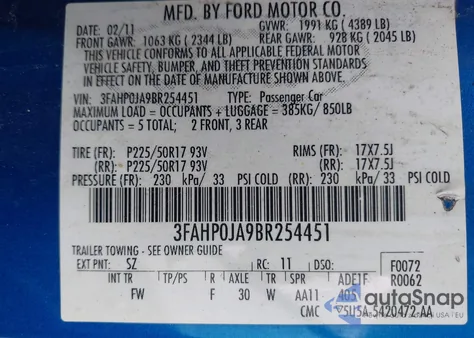 2011 Ford Fusion Sel from USA, damaged, VIN 3FAHP0JA9BR254451